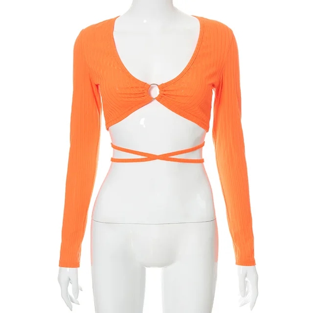 Bright Orange Casual Round Neckline Umbilical Tie Long Sleeves Orange - Shop at LoveMi