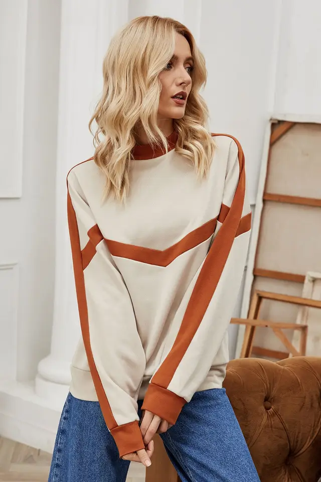 Sweater Pullover Loose Women's Color Matching Outer Top Khaki - Shop at LoveMi