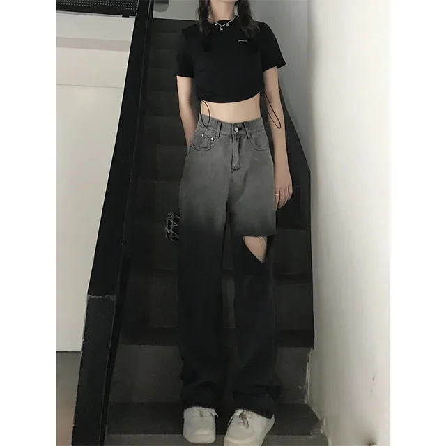 Ripped Jeans Female High waist Straight leg Pants Small Wide leg Black Gray - Shop at LoveMi
