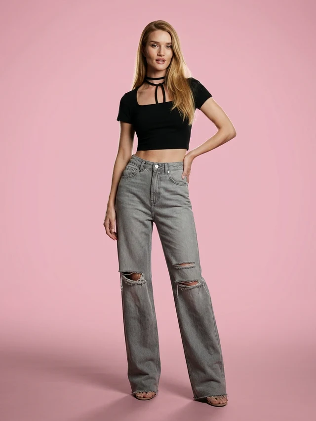 Ripped Jeans Female High waist Straight leg Pants Small Wide leg Blue - Shop at LoveMi