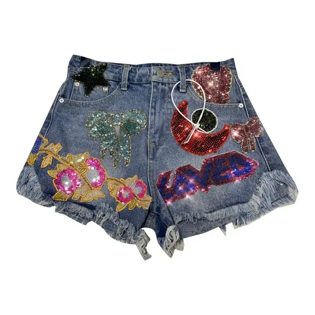Letter Heavy Embroidered Raw Trim Denim Three point Shorts Blue - Shop at LoveMi