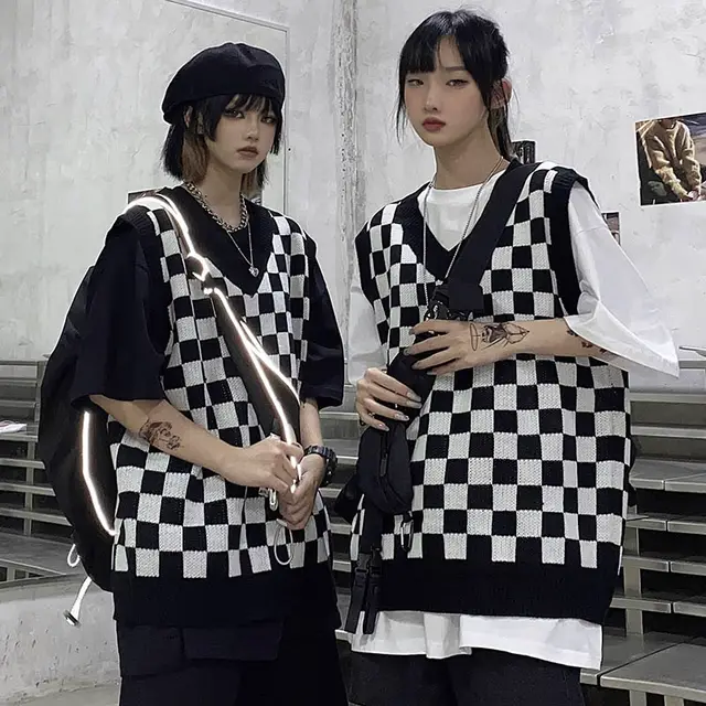 Black And White Plaid Vest Women's Outer Checkerboard Sleeveless V neck Sweater Black And White Check - Shop at LoveMi