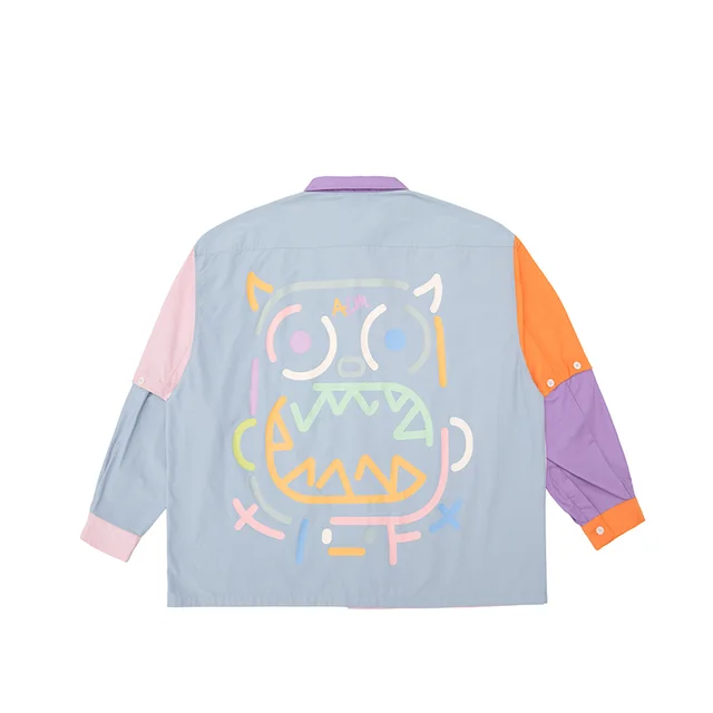 Contrast Stitching Shirt Detachable Long sleeved Loose Shirt Jacket Blue - Shop at LoveMi