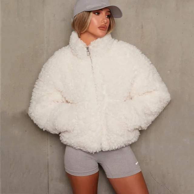 Fashion Plush Cardigan Short Jacket Women Lamb Wool Coat White - Shop at LoveMi