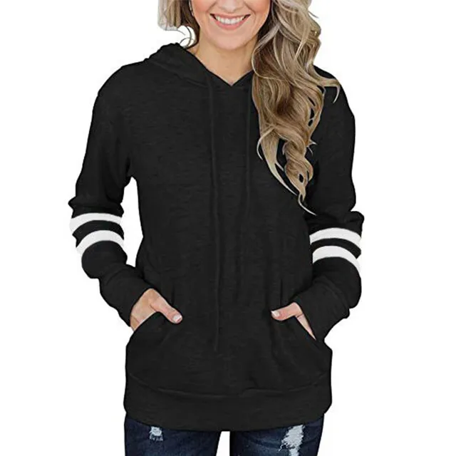 Striped Loose Pocket Hoodie Sweatshirt Black - Shop at LoveMi