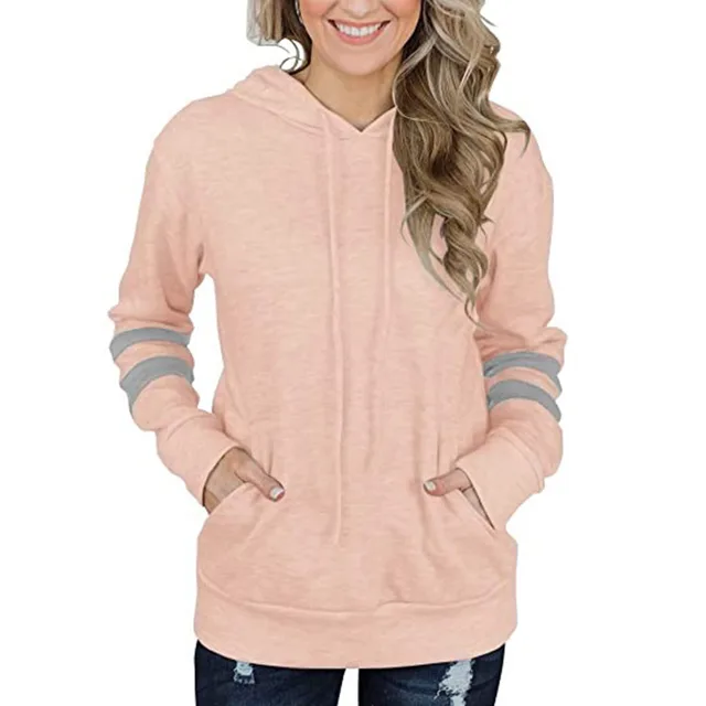 Striped Loose Pocket Hoodie Sweatshirt Pink - Shop at LoveMi