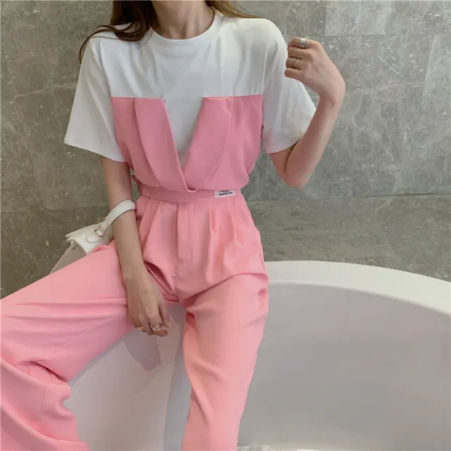 Contrasting Color Stitching Suit Short sleeved Wide leg Pants Fashionable Western Style Suit Blouse - Shop at LoveMi