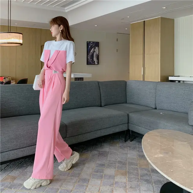 Contrasting Color Stitching Suit Short sleeved Wide leg Pants Fashionable Western Style Suit Pants - Shop at LoveMi