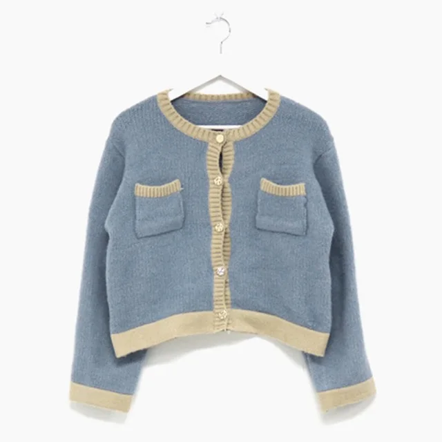 Elegant Temperament Retro Early Spring Round Neck Sweater Coat Long Sleeves Light Blue - Shop at LoveMi