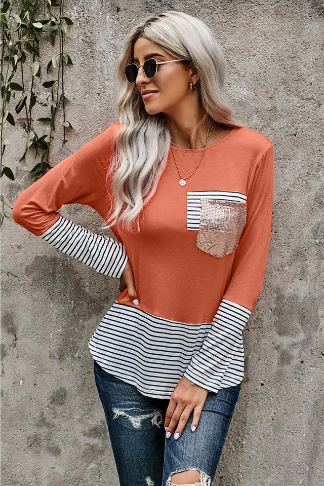Autumn And Winter New Long sleeved Bottoming Shirt Casual Stitching T shirt Orange - Shop at LoveMi