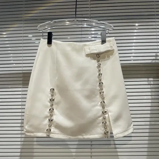 Bow knot Skirt With Large Rhinestone Particles Slit Design White - Shop at LoveMi