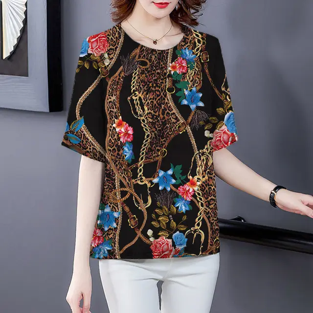 T shirt Women's Summer Middle aged Imitation Ice Silk Top Floral - Shop at LoveMi