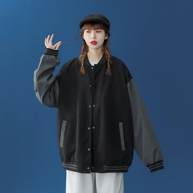 Trendy Brand Baseball Uniform Tooling Loose Bf Black Niche Baseball Jacket Women Black Grey - Shop at LoveMi