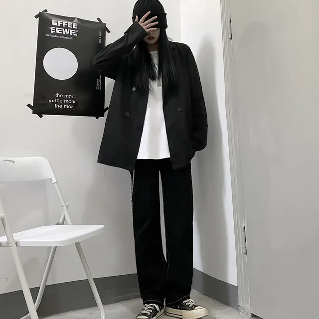 Harajuku Style Suit Collar Loose And Versatile Long sleeved Jacket Black - Shop at LoveMi