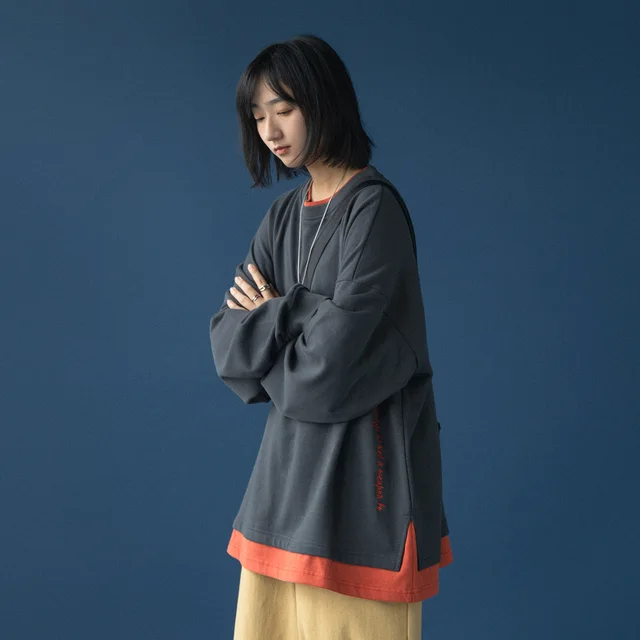 Fake Two piece Sweater Women Thin Loose Round Neck All match Long sleeved T shirt Dark Grey - Shop at LoveMi