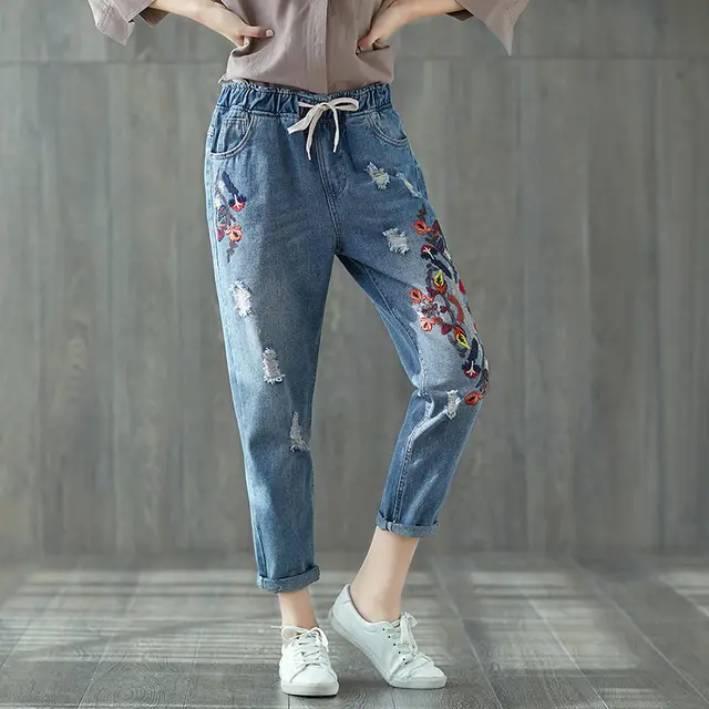 Artistic Embroidery Loose All match Ripped Elastic Waist Cropped Jeans Blue - Shop at LoveMi