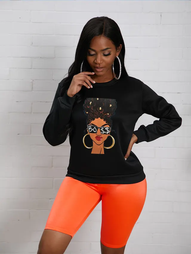 Fashion Printed Long sleeved Fleece Crewneck Sweater Black - Shop at LoveMi