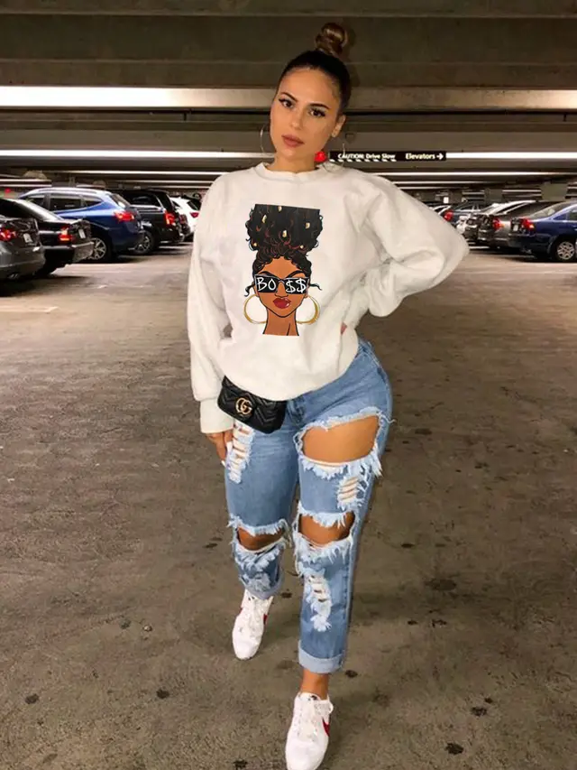 Fashion Printed Long sleeved Fleece Crewneck Sweater White - Shop at LoveMi