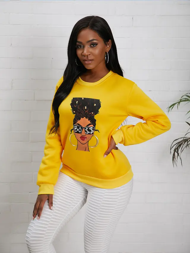 Fashion Printed Long sleeved Fleece Crewneck Sweater Yellow - Shop at LoveMi
