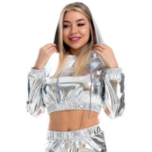 Bright Leather Sexy Long sleeved Hooded Short Sweater Silver - Shop at LoveMi