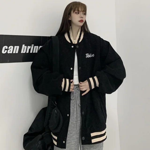 Korean Style Loose Retro Jacket Dark Harbor Style Baseball Uniform Black - Shop at LoveMi