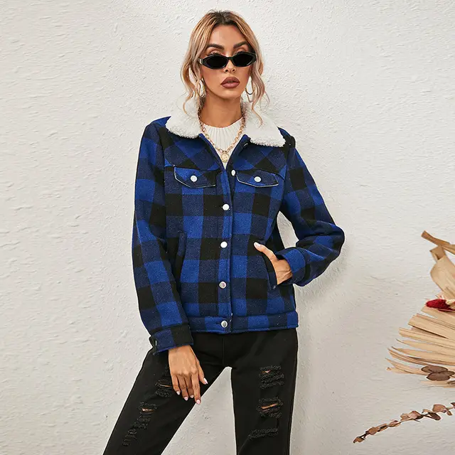 Women's Plaid Fur Collar Plus Velvet Padded Coat Blue - Shop at LoveMi