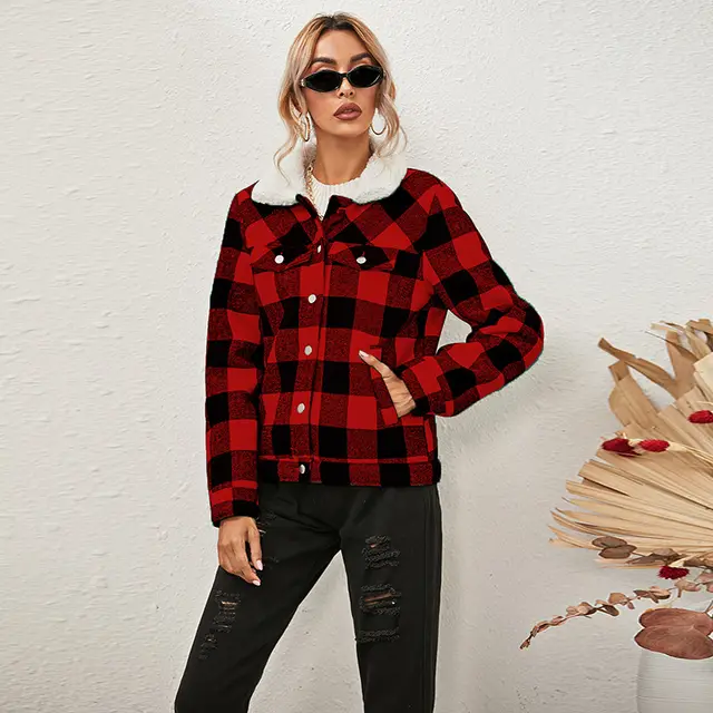 Women's Plaid Fur Collar Plus Velvet Padded Coat Red - Shop at LoveMi