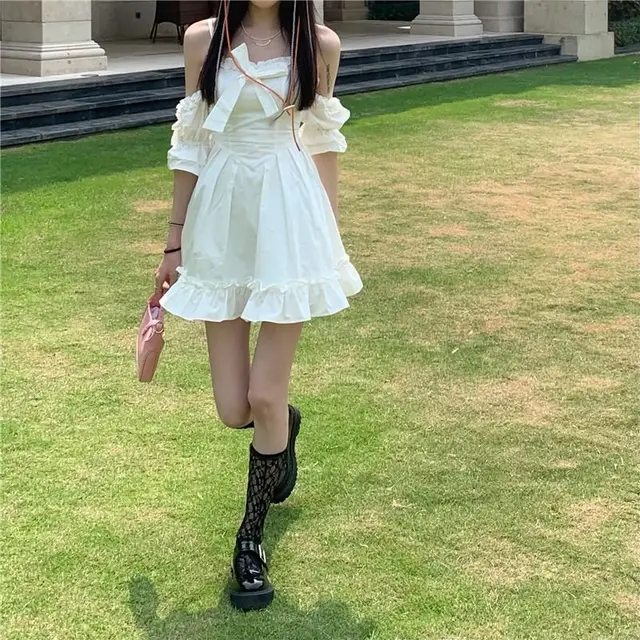French Age reducing Bowknot Sling Dress Women Slim Girl White - Shop at LoveMi