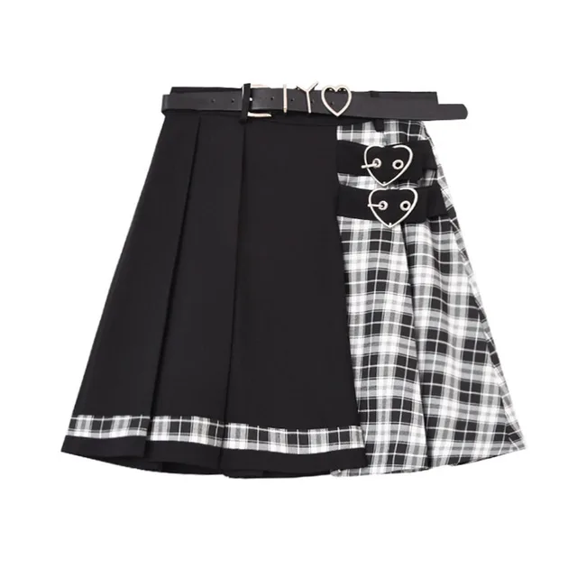 College Style Sub splicing Skirt Women's Thin High waist Pleated Skirt Short Skirt Black - Shop at LoveMi