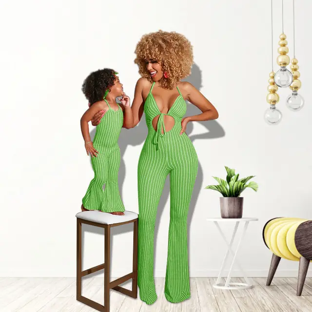 Street Sexy Fashion Striped Parent child Suit Green - Shop at LoveMi