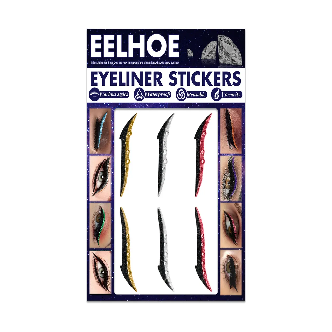 Colored Diamonds Eyelid Line Sticker Waterproof Self-adhesive Eye Liner Eyeliner Stickers Party Sexy Cat Eyes Beauty Makeup Tool - 2 Style