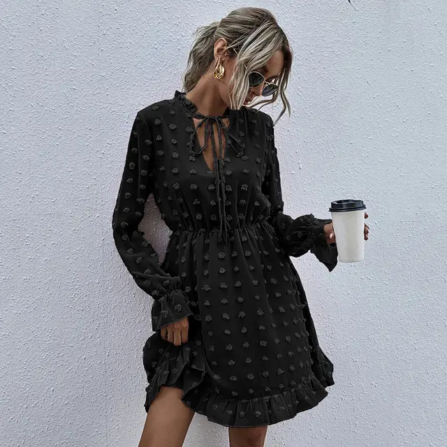 High Waist Temperament Commuter Polka Dot Dress Women Black - Shop at LoveMi