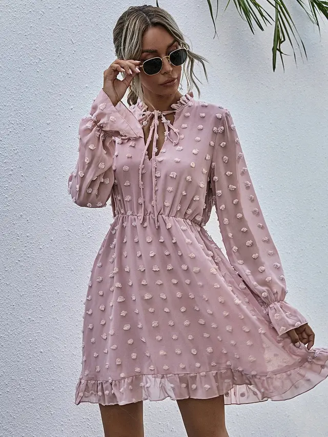 High Waist Temperament Commuter Polka Dot Dress Women Flesh Pink - Shop at LoveMi