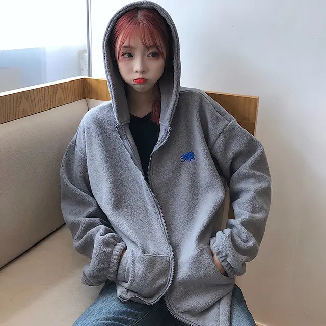 Women's Loose Hooded Lamb Plush Sweater Grey - Shop at LoveMi