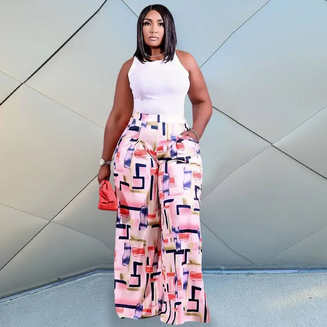 Casual Letters Geometric Flower Print Stretch Waist Wide leg Pants Women's Trousers 3 Style - Shop at LoveMi