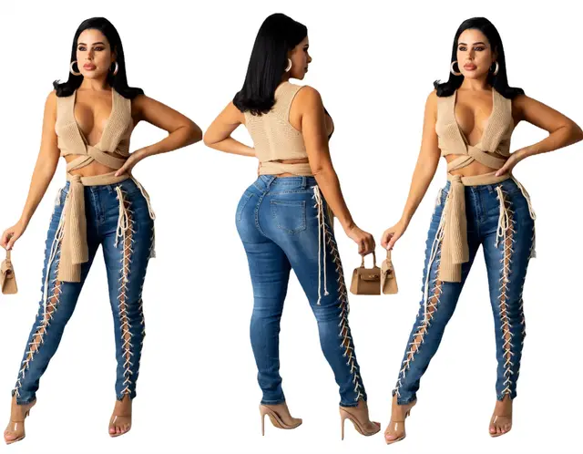 Eyelet Drawstring Elastic Sexy Slim Denim Trousers Denim Blue - Shop at LoveMi