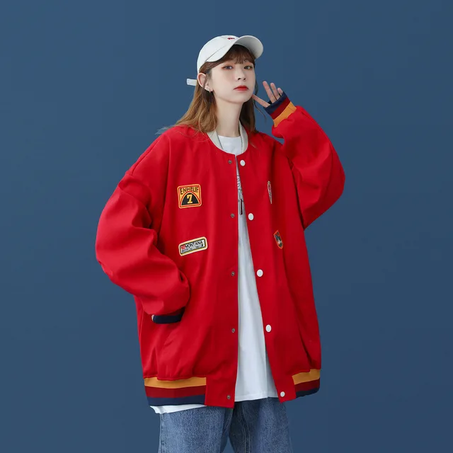 Retro Style Baseball Uniform Women Loose Bf Style Couple Japanese Jacket Red - Shop at LoveMi