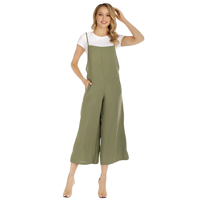 Large Size Women's Slim Sling Solid Color Mid length Slit Jumpsuit Army Green - Shop at LoveMi