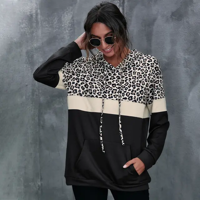 Long Sleeve Sweatshirt Leopard Print Panel Hooded Top Black - Shop at LoveMi