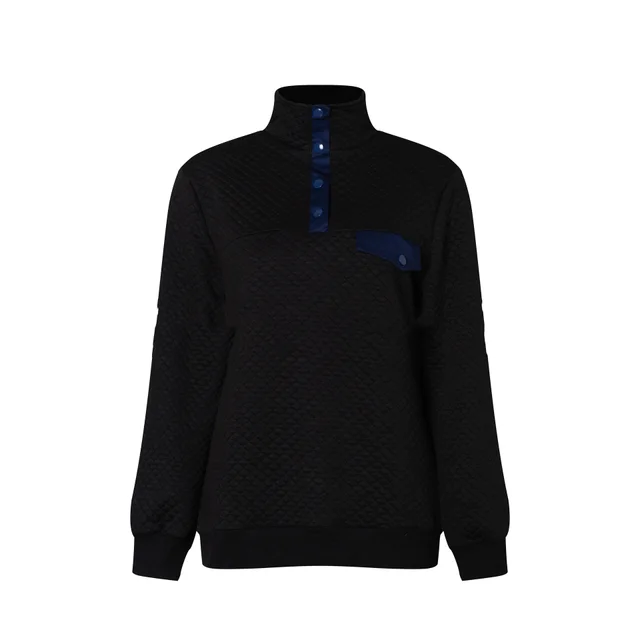 High neck Button Long sleeved Sandwich Cotton Blouse Sweater Black - Shop at LoveMi