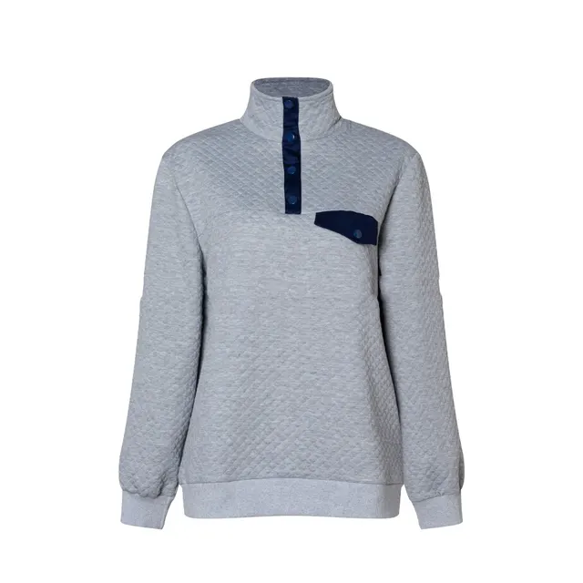 High neck Button Long sleeved Sandwich Cotton Blouse Sweater Grey - Shop at LoveMi