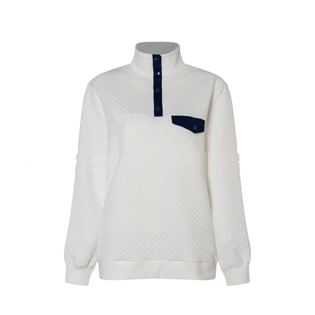 High neck Button Long sleeved Sandwich Cotton Blouse Sweater White - Shop at LoveMi