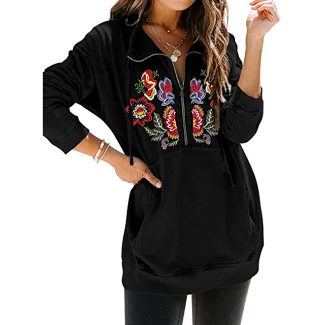 Flower Embroidery Half Zipper Stand Collar Pocket Mid length Sweater Women Black - Shop at LoveMi