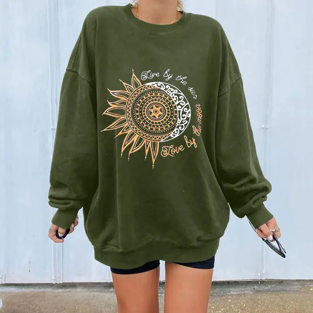 Loose Slimming Chrysanthemum Print Round Neck Long Sleeve Sweater Army Green Sunflower - Shop at LoveMi