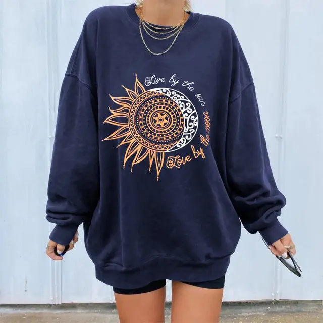 Loose Slimming Chrysanthemum Print Round Neck Long Sleeve Sweater Navy Blue Sun Flower - Shop at LoveMi