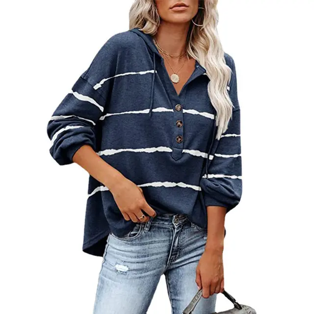 V neck Buttoned Casual Hooded Top Blue - Shop at LoveMi