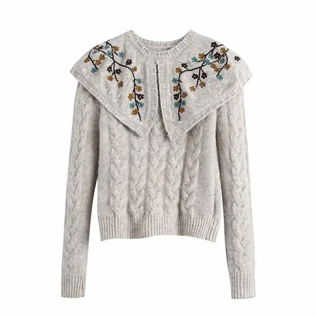 Embroidered Doll Collar Knit Sweater Picture Color - Shop at LoveMi