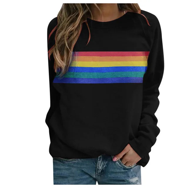 Color Striped Print Round Neck Pullover Long Sleeve Sweater Black - Shop at LoveMi