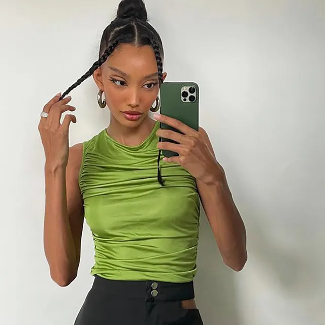 Solid Color Round Neck Pullover Sleeveless Smocked Slim Blouse Green - Shop at LoveMi