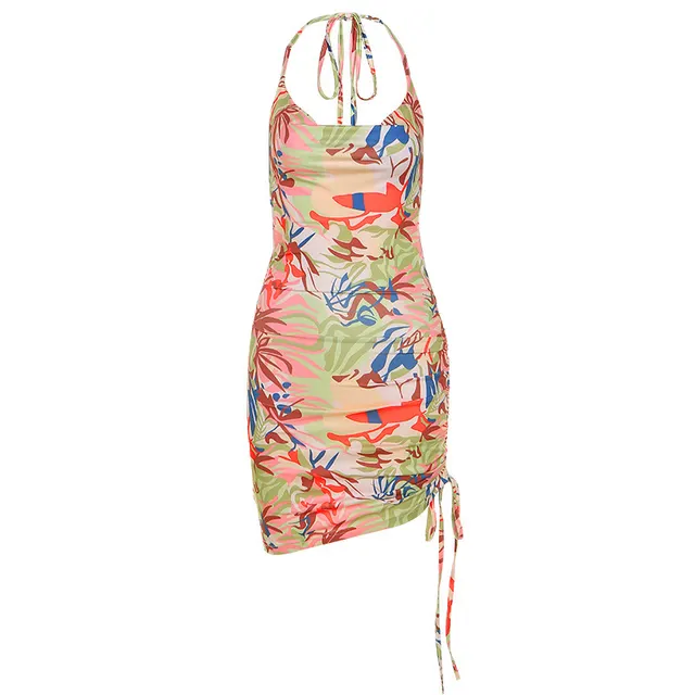 Halter Sleeveless Backless Slim Bag Hip Pleated Dress Khaki - Shop at LoveMi